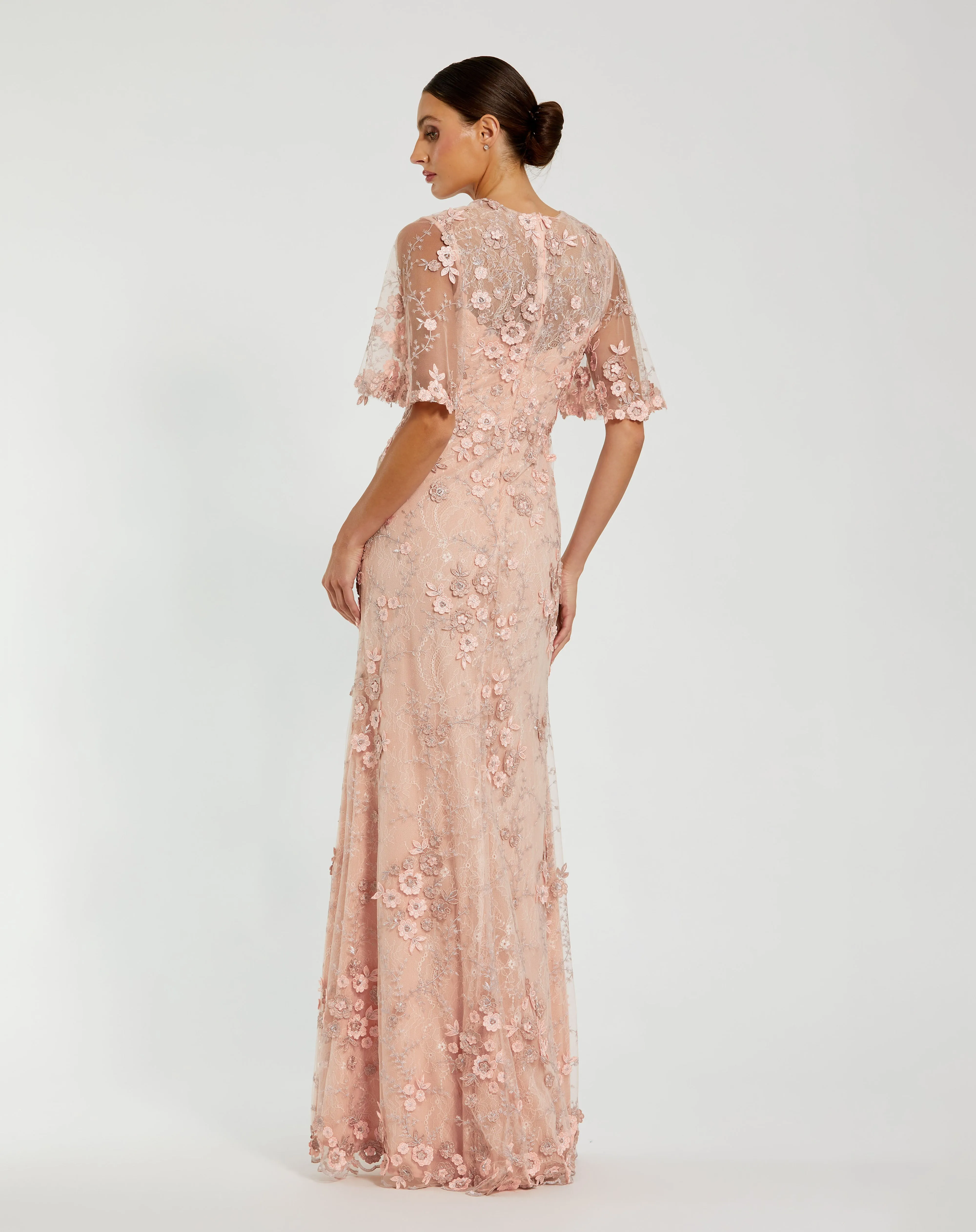 Pink Flutter Sleeve Floral Embroidered Net Gown sold by Mac Duggal product image thumbnail 3