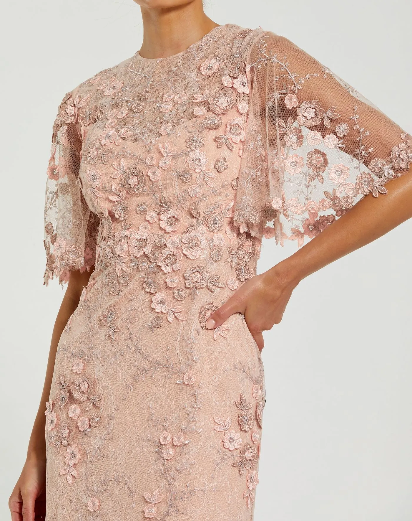 Pink Flutter Sleeve Floral Embroidered Net Gown sold by Mac Duggal product image thumbnail 2