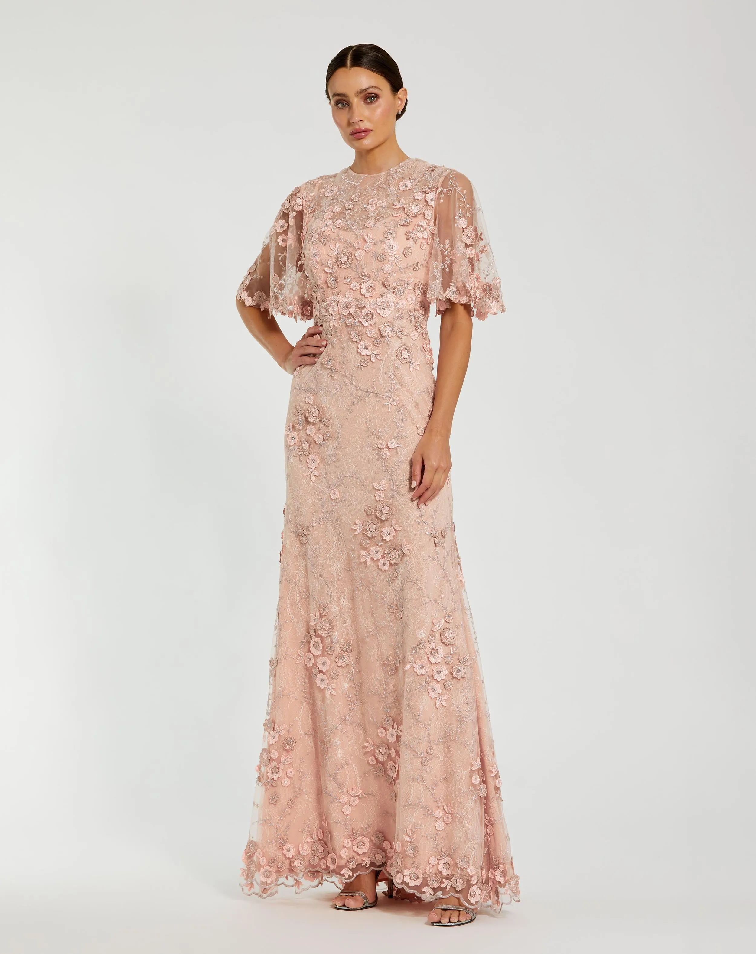Pink Flutter Sleeve Floral Embroidered Net Gown sold by Mac Duggal