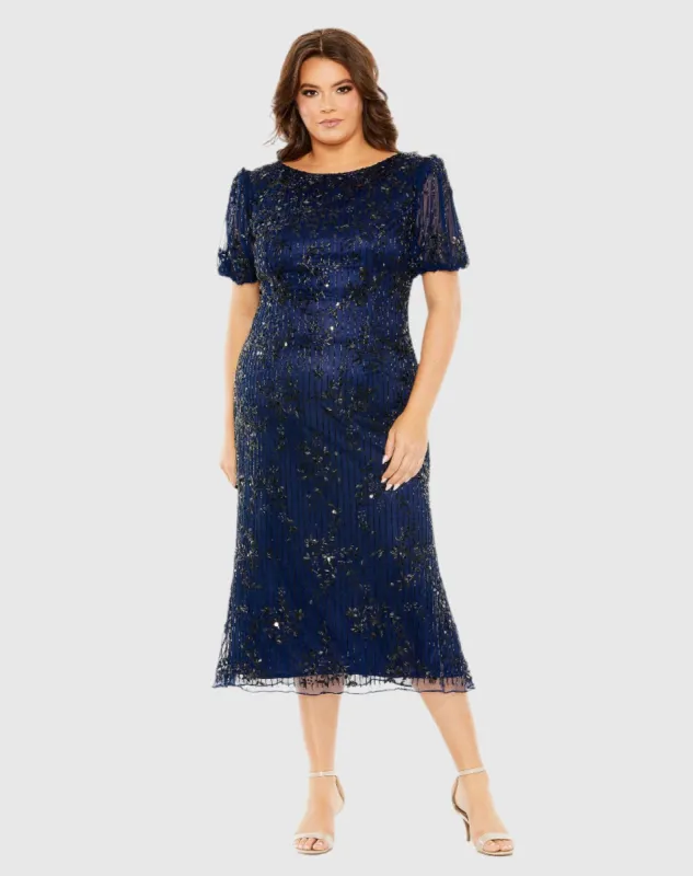 Navy High Neck Puff Sleeve Embellished Dress sold by Mac Duggal