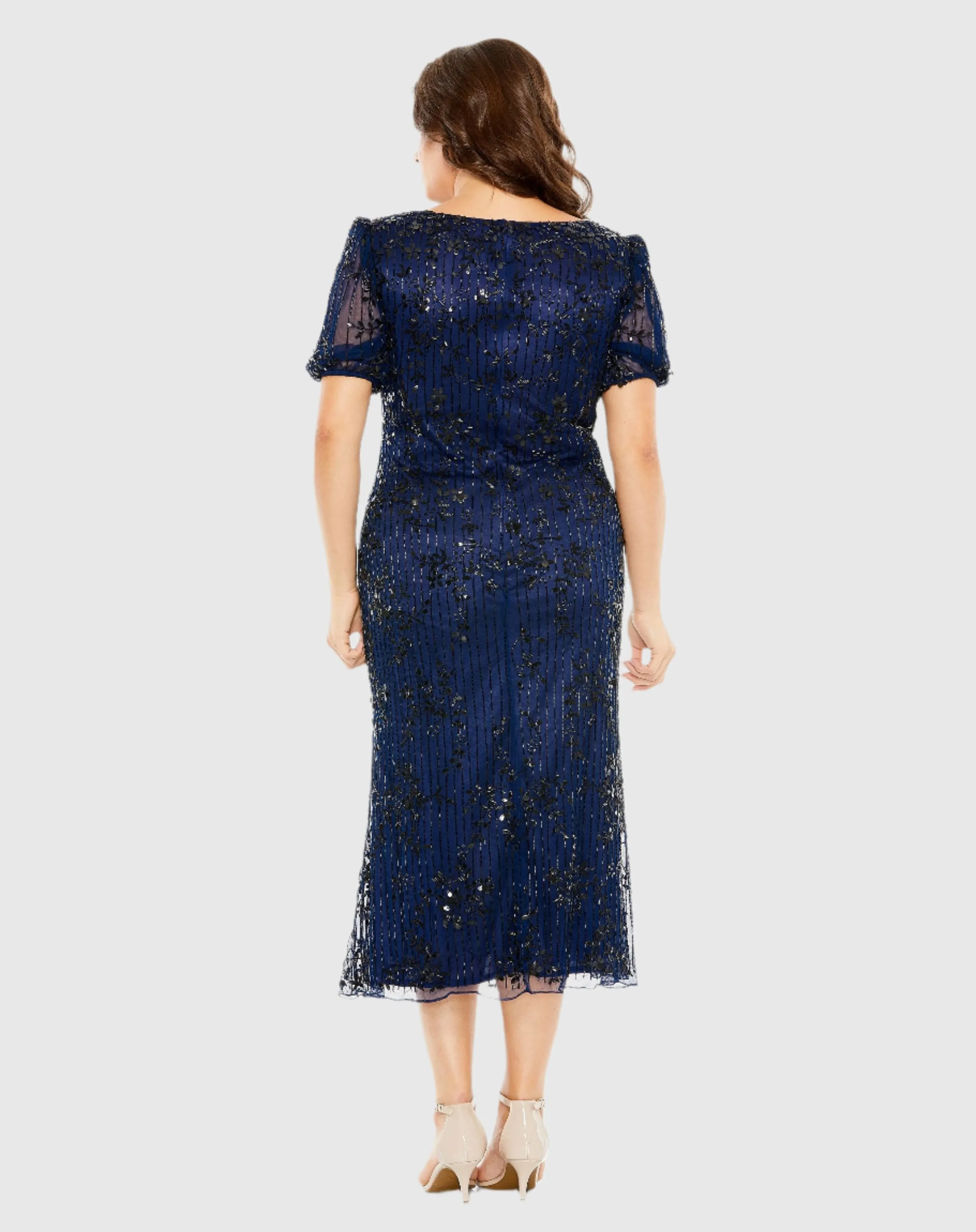 Navy High Neck Puff Sleeve Embellished Dress sold by Mac Duggal product image thumbnail 3