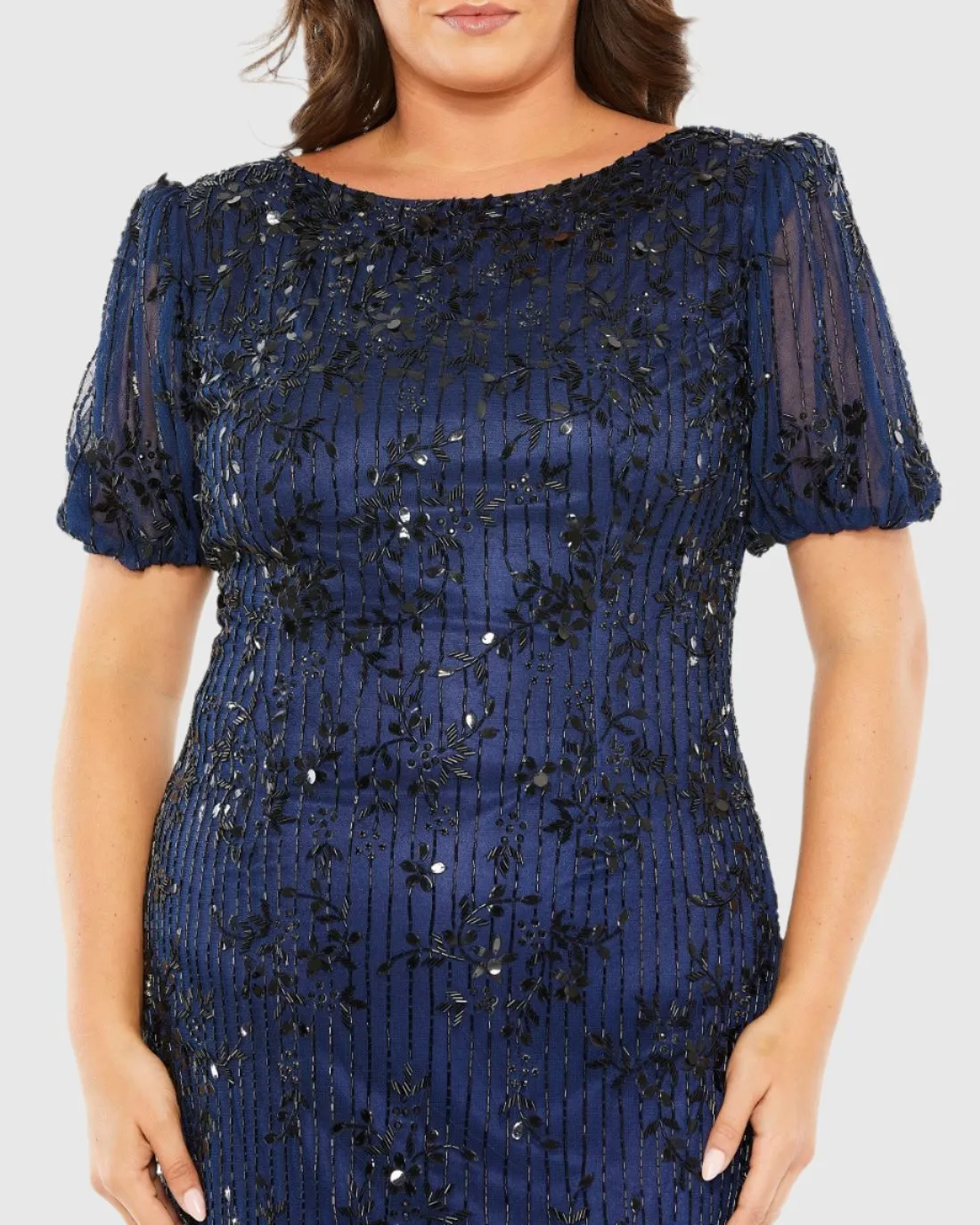 Navy High Neck Puff Sleeve Embellished Dress sold by Mac Duggal product image thumbnail 2