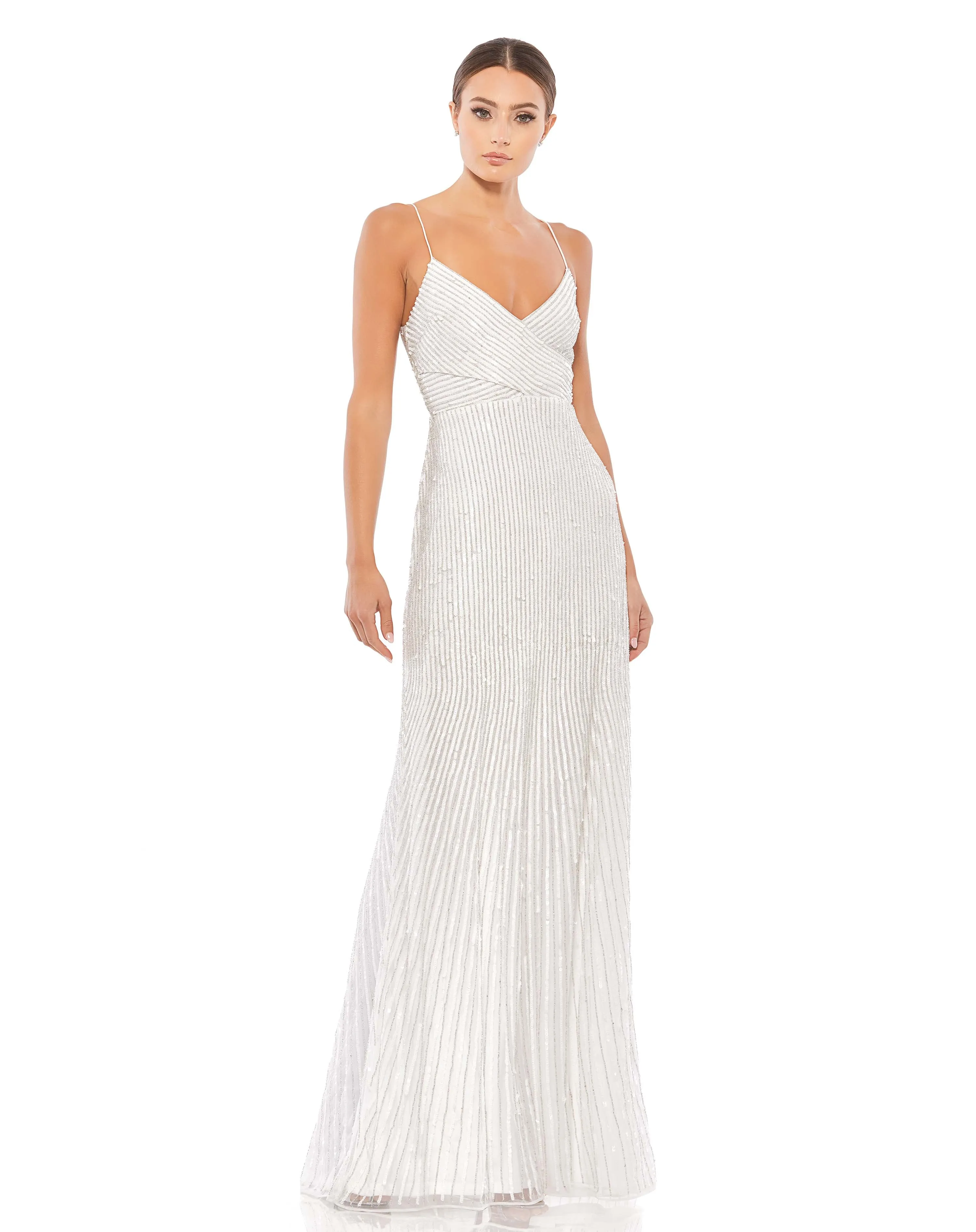 White Sequin Spaghetti Strap Gown sold by Mac Duggal