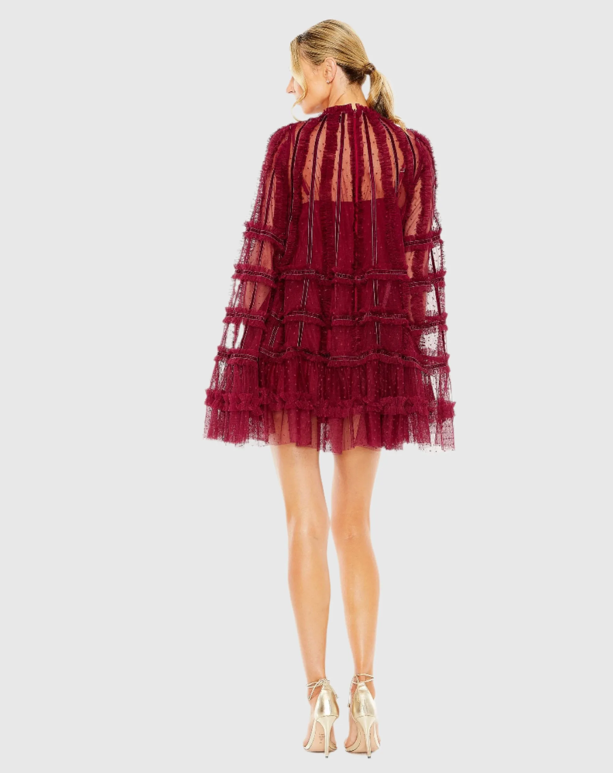 Red High Neck Ruffle Bell Sleeve Trapeze Dress sold by Mac Duggal product image thumbnail 3