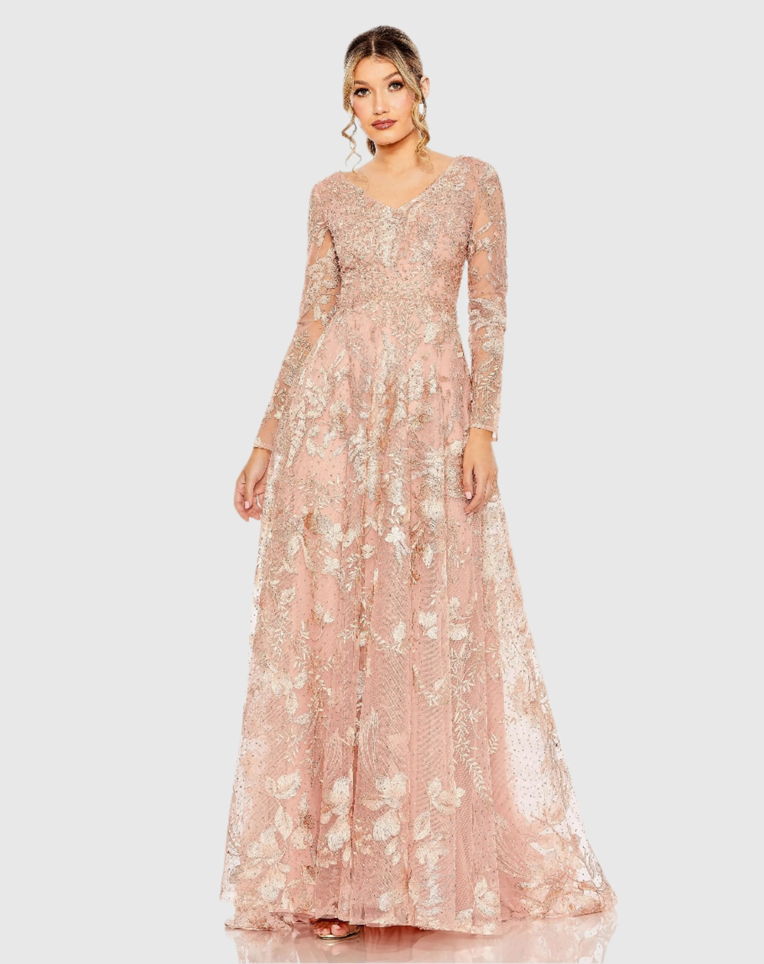 Pink Embellished Long Sleeve V Neck A Line Gown sold by Mac Duggal