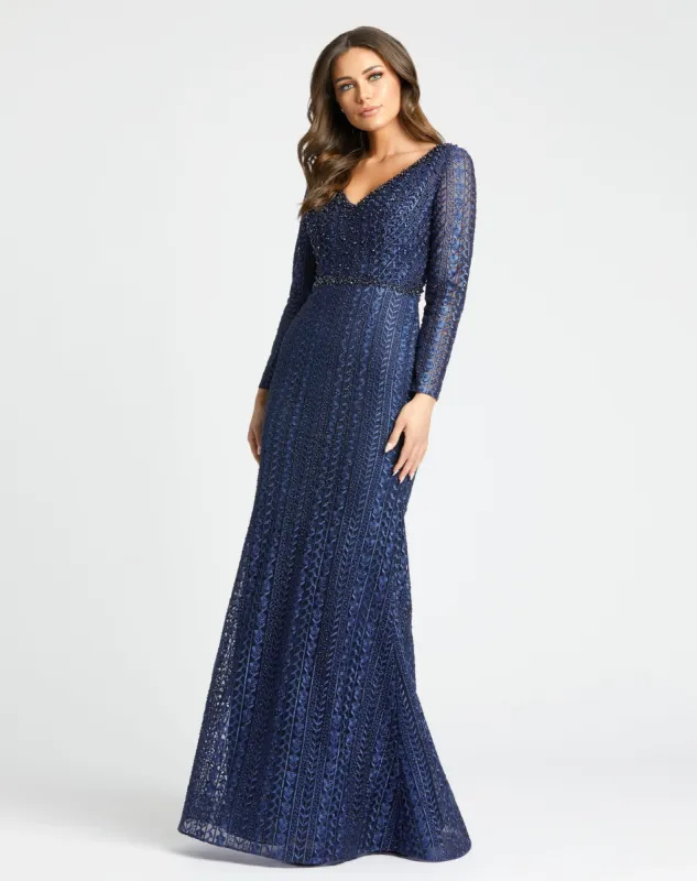 Navy Embroidered Long Sleeve V Neck Trumpet Gown sold by Mac Duggal