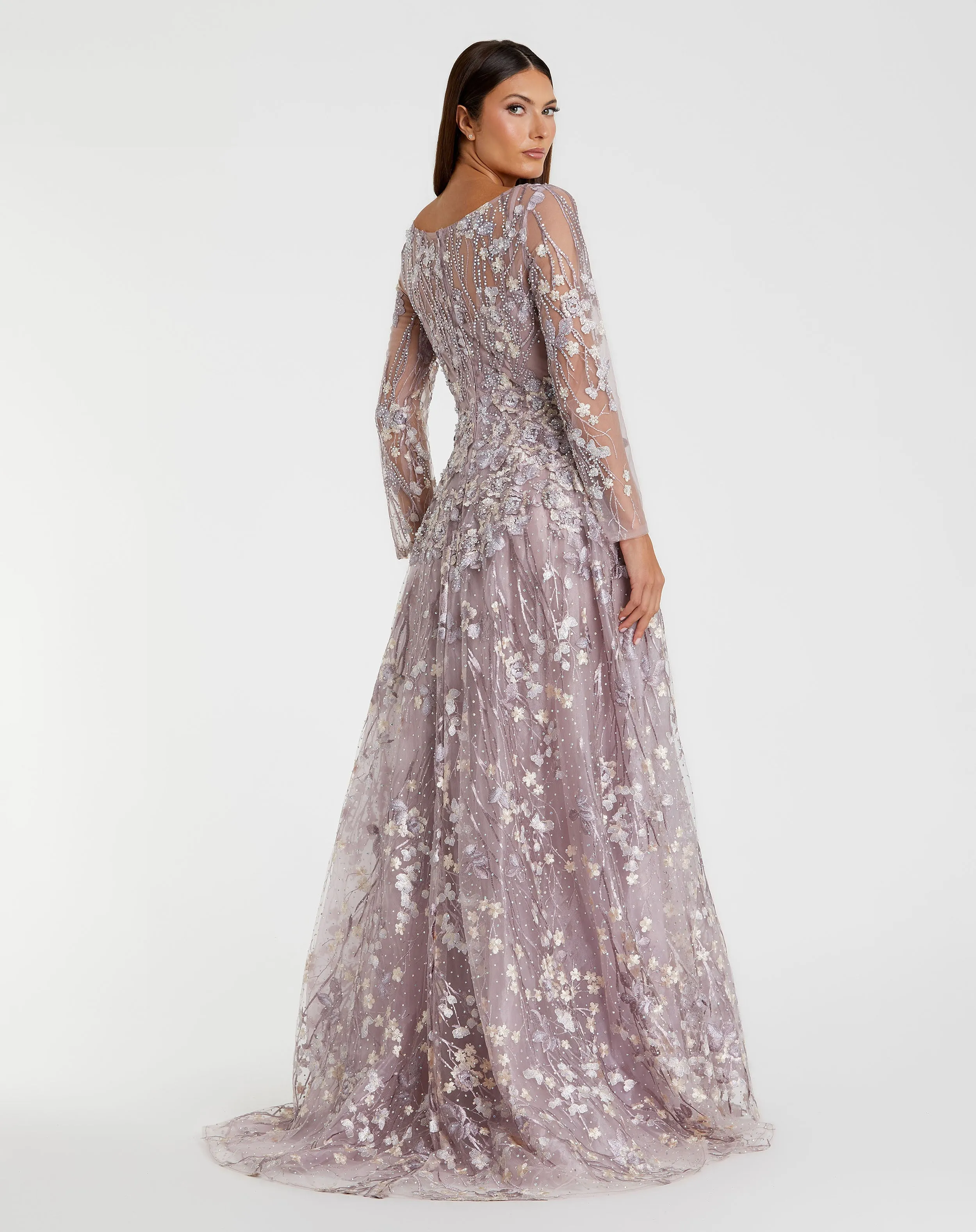 Purple Embroidered Lace Long Sleeve Floral Gown sold by Mac Duggal product image thumbnail 3