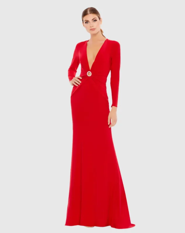 Red Gathered Pearl Long Sleeve Keyhole Gown sold by Mac Duggal