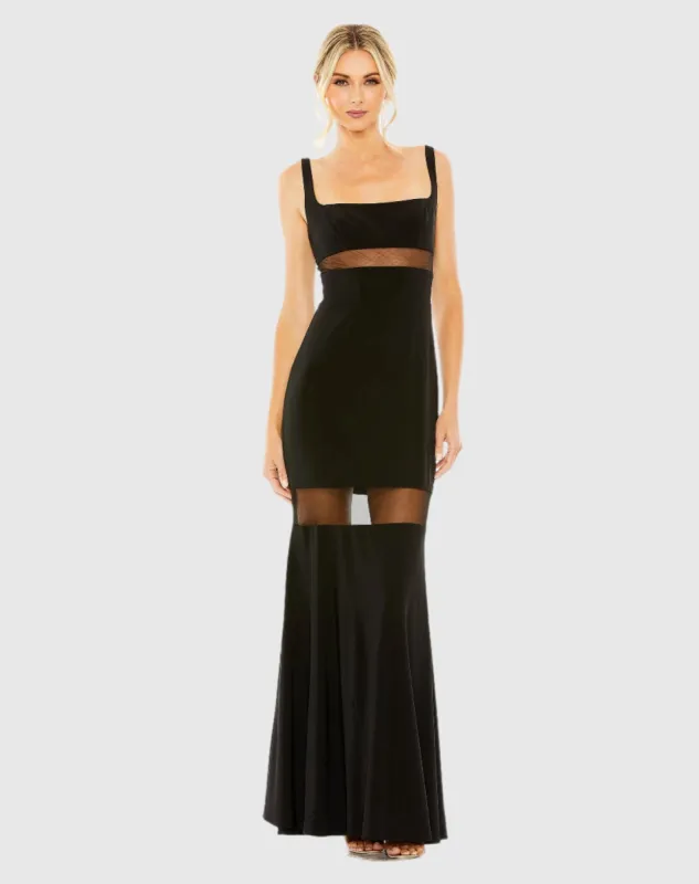 Black Sheer Mesh Panel Detail Column Gown - FINAL SALE sold by Mac Duggal