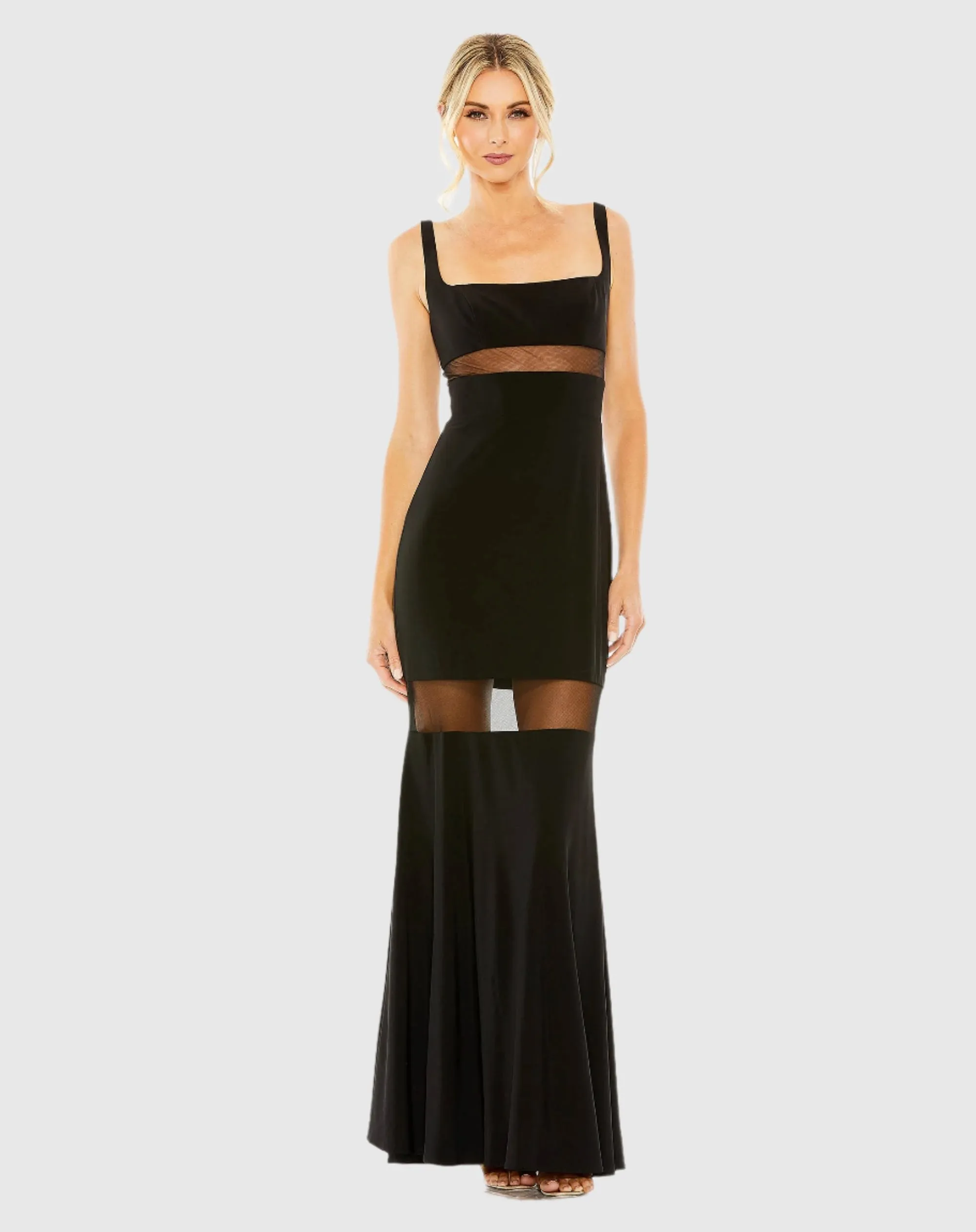 Black Sleeveless Sheer Mesh Panel Column Gown - FINAL SALE sold by Mac Duggal