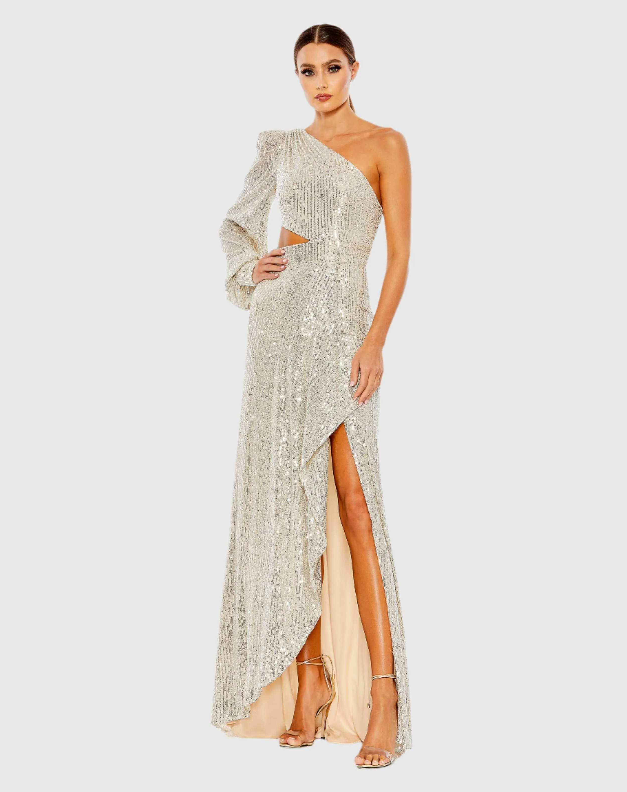 Silver Sequined One Shoulder Cut Out Gown sold by Mac Duggal