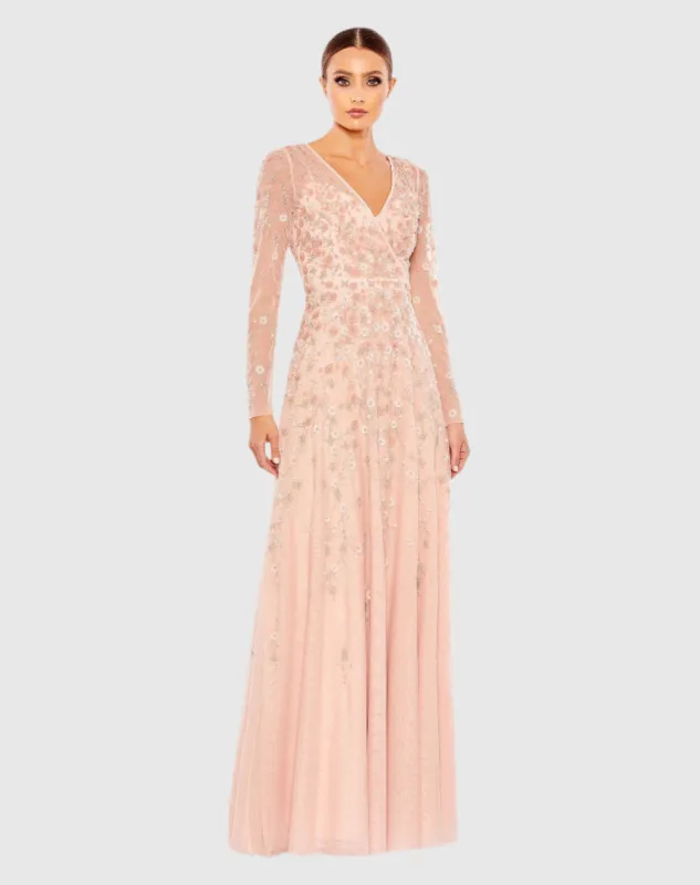 Pink Embellished Wrap Over Illusion Long Sleeve A Line Gown sold by Mac Duggal