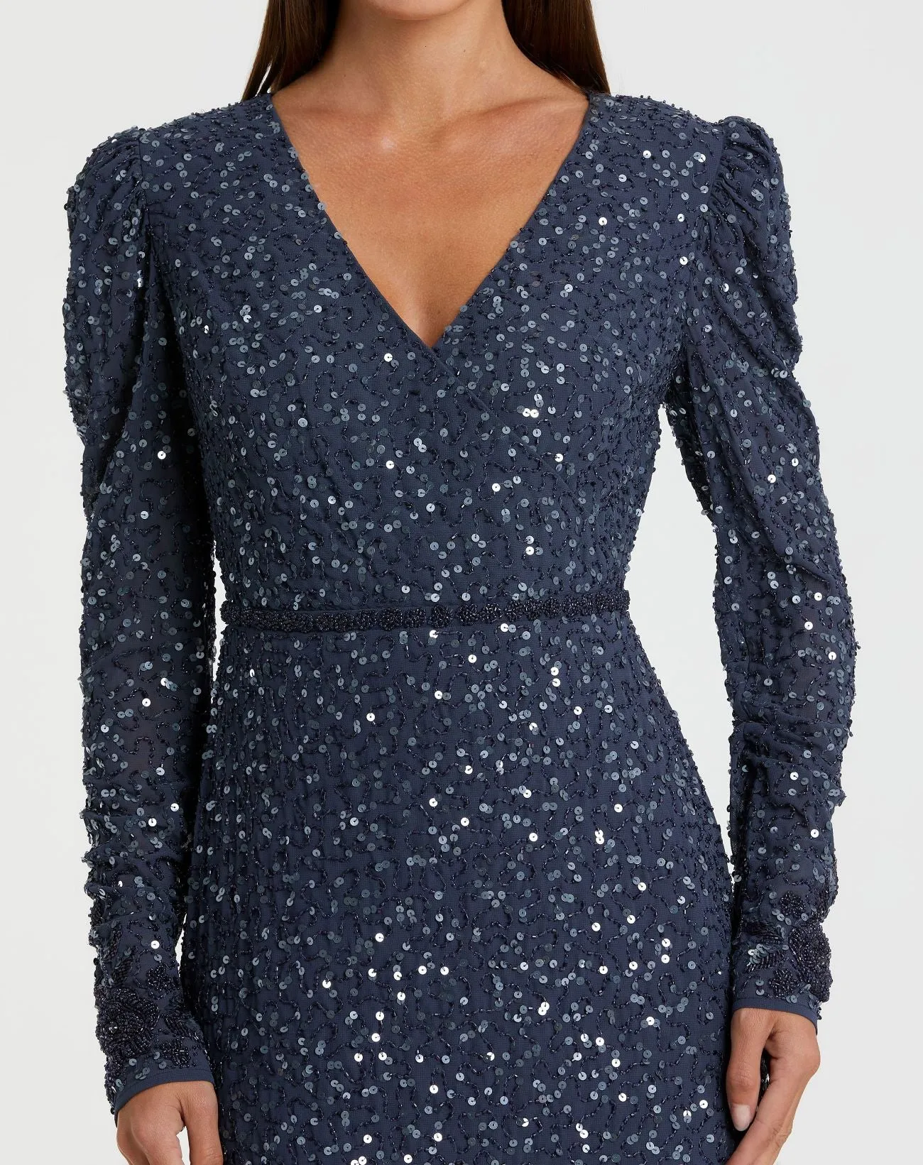 Blue Sequin Dress with Embellished Hemline and Belt sold by Mac Duggal product image thumbnail 2
