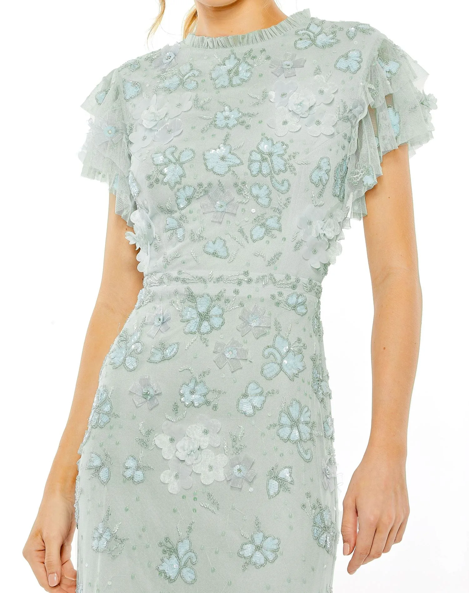 Blue Floral Embellished High Neck Flutter Sleeve Gown sold by Mac Duggal product image thumbnail 2