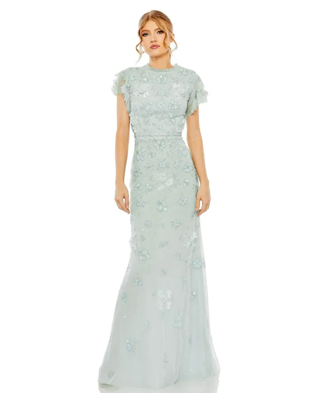 Blue Floral Embellished High Neck Flutter Sleeve Gown sold by Mac Duggal