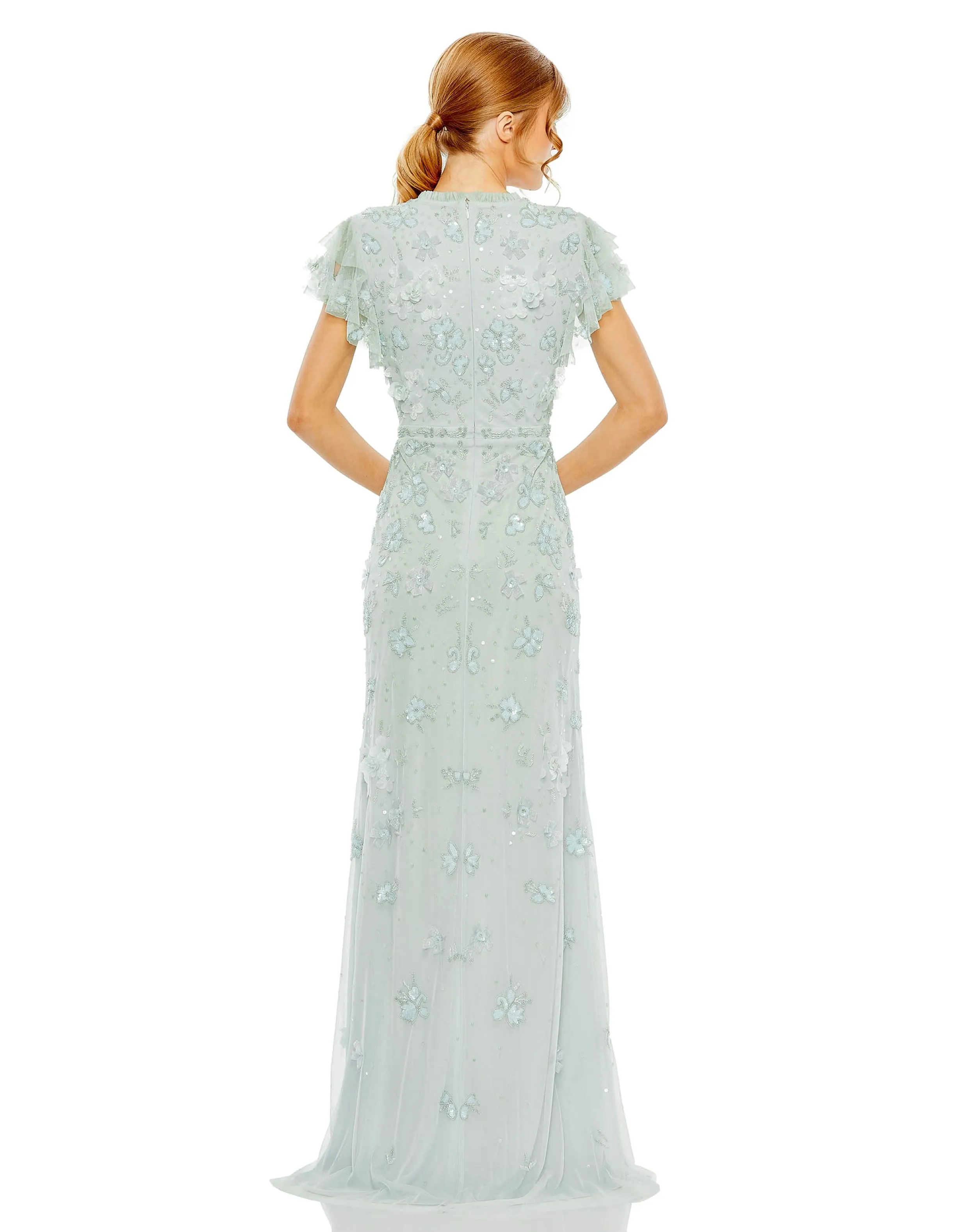 Blue Floral Embellished High Neck Flutter Sleeve Gown sold by Mac Duggal product image thumbnail 3