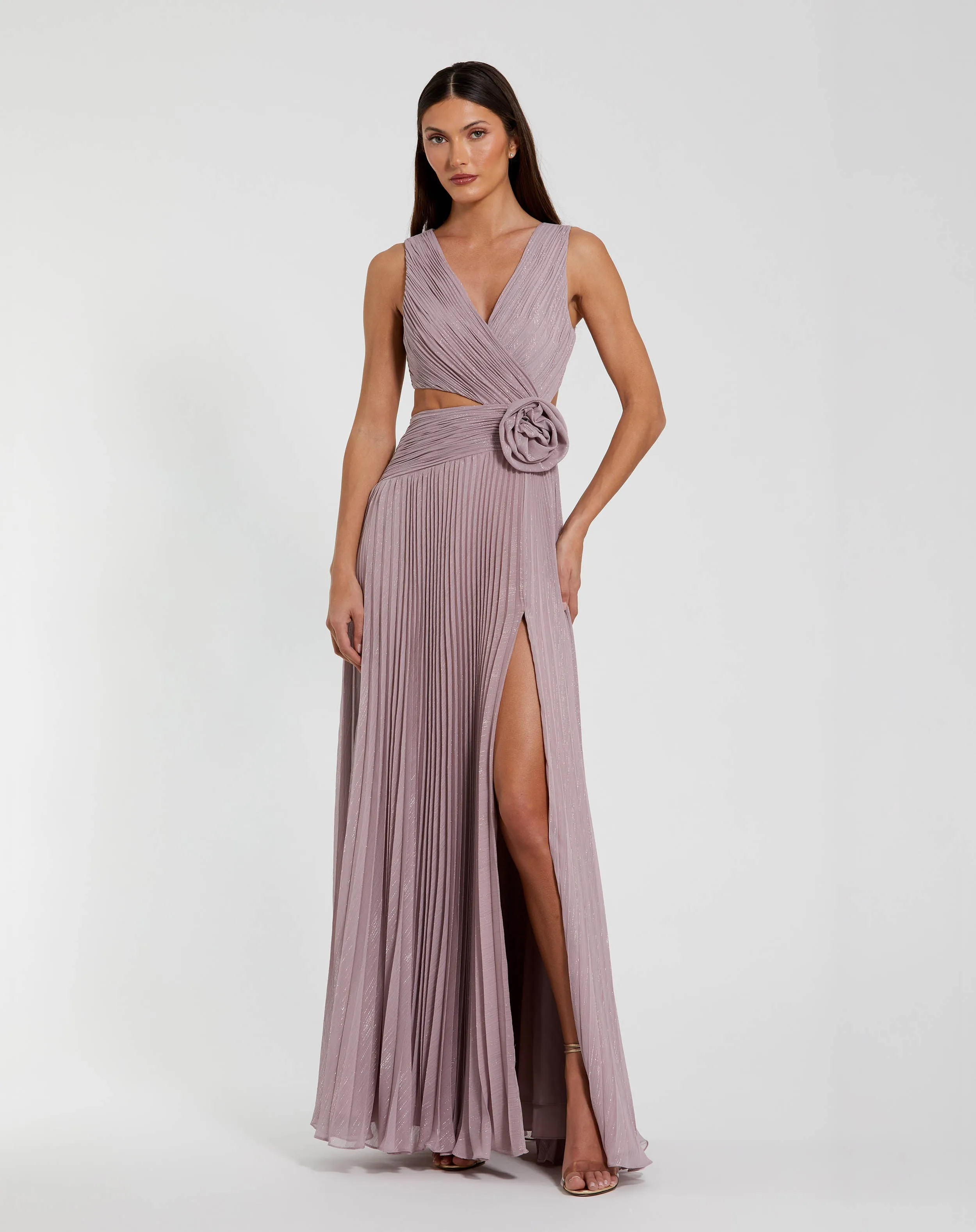 Purple Ruched Chiffon Sleeveless Gown With 3D Flower sold by Mac Duggal