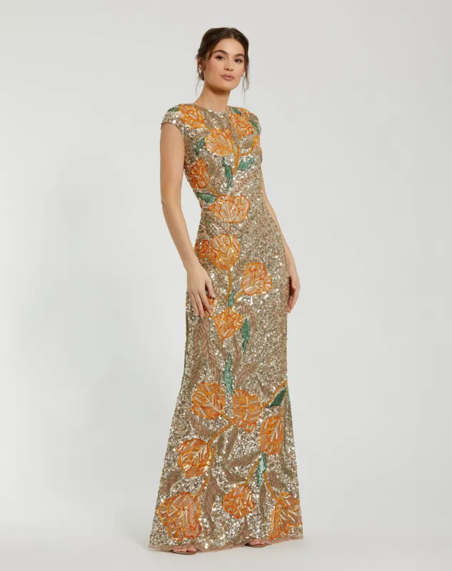 Gold Fitted Cap Sleeve Gown With Floral Beading sold by Mac Duggal