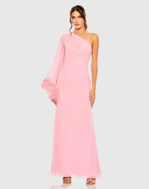 Feather Cuff One Shoulder Ruched Gown sold by Mac Duggal