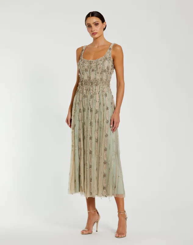 Green Embellished Mesh Sleeveless Scoop Neck Midi Dress sold by Mac Duggal