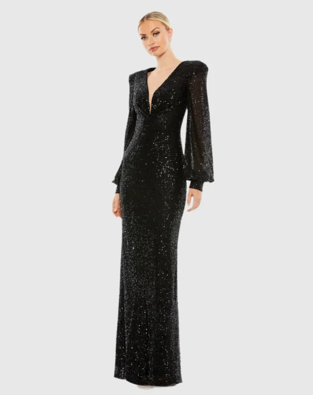 Black Sequined Plunge Neck Structured Bishop Sleeve Gown sold by Mac Duggal