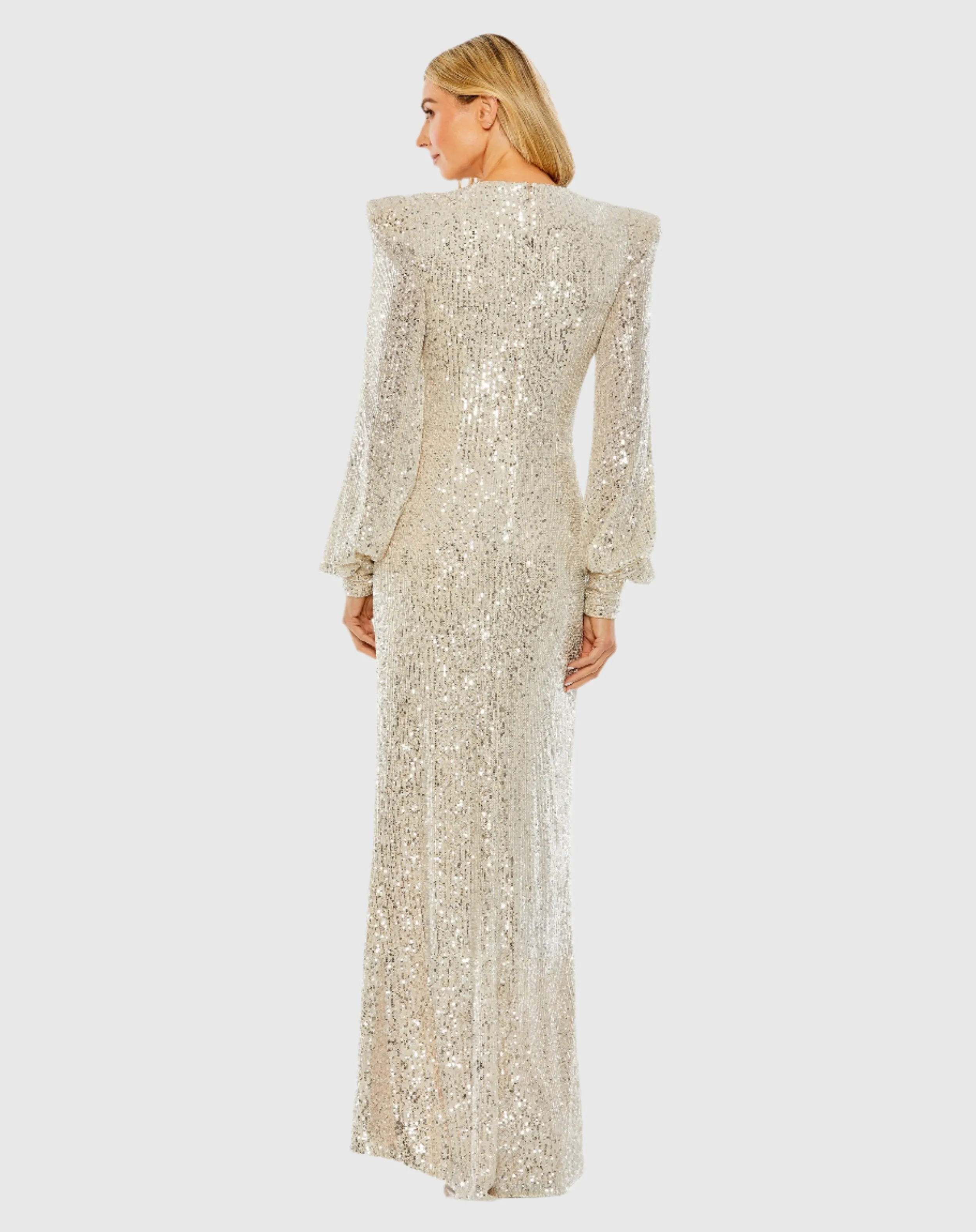 Silver Sequined Plunge Neck Structured Bishop Sleeve Gown sold by Mac Duggal product image thumbnail 3