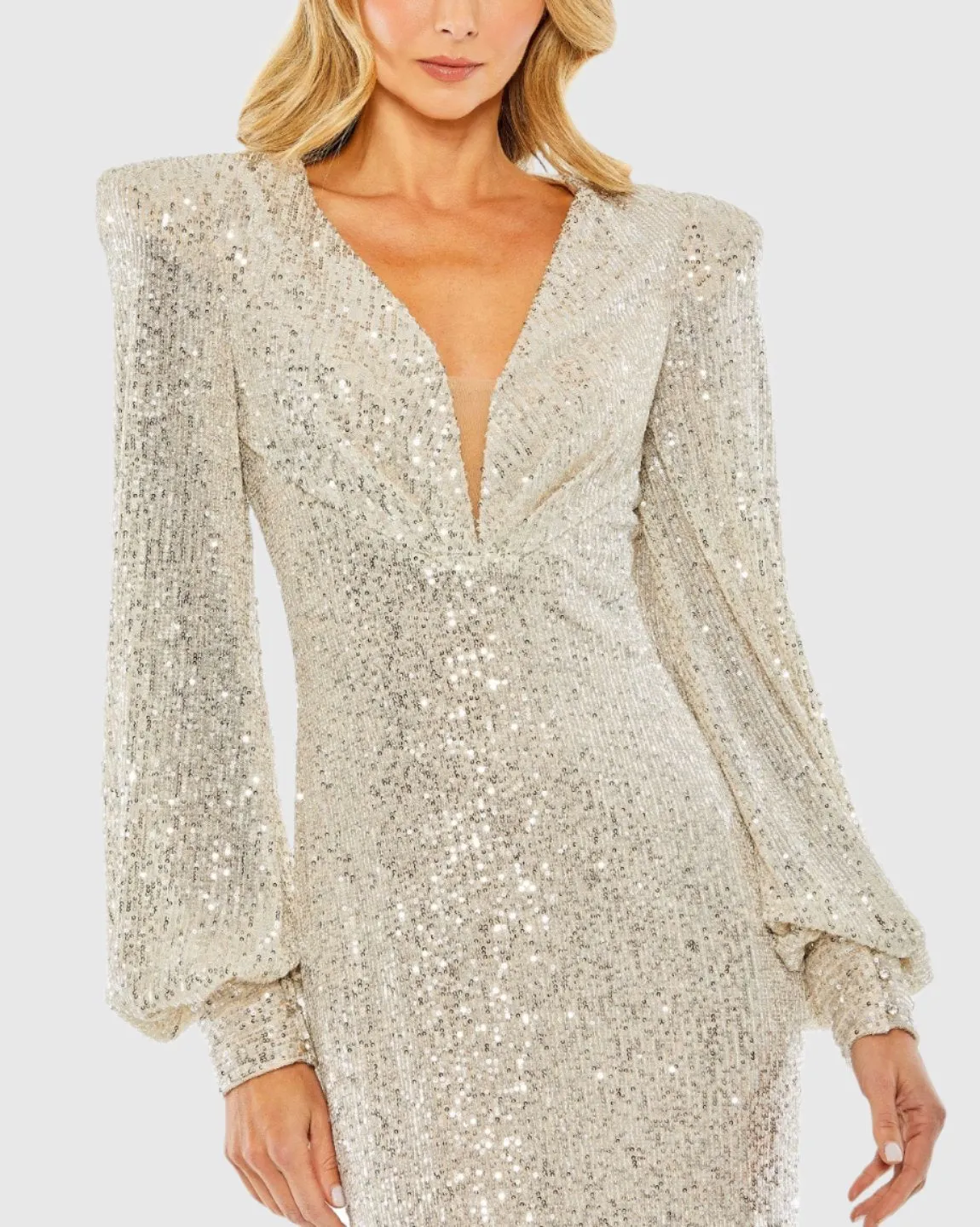 Silver Sequined Plunge Neck Structured Bishop Sleeve Gown sold by Mac Duggal product image thumbnail 2