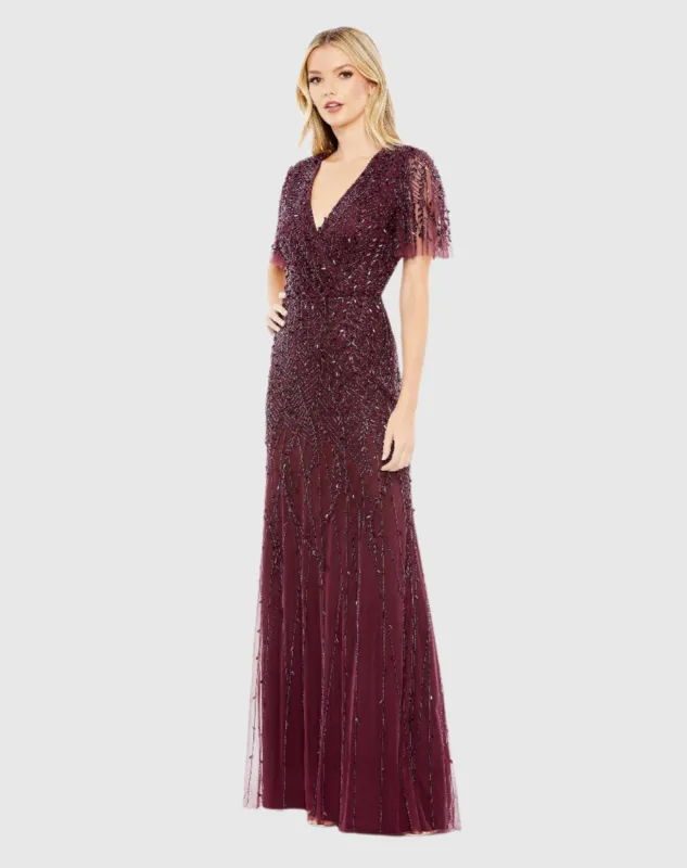 Purple Embellished Flutter Sleeve Gown sold by Mac Duggal