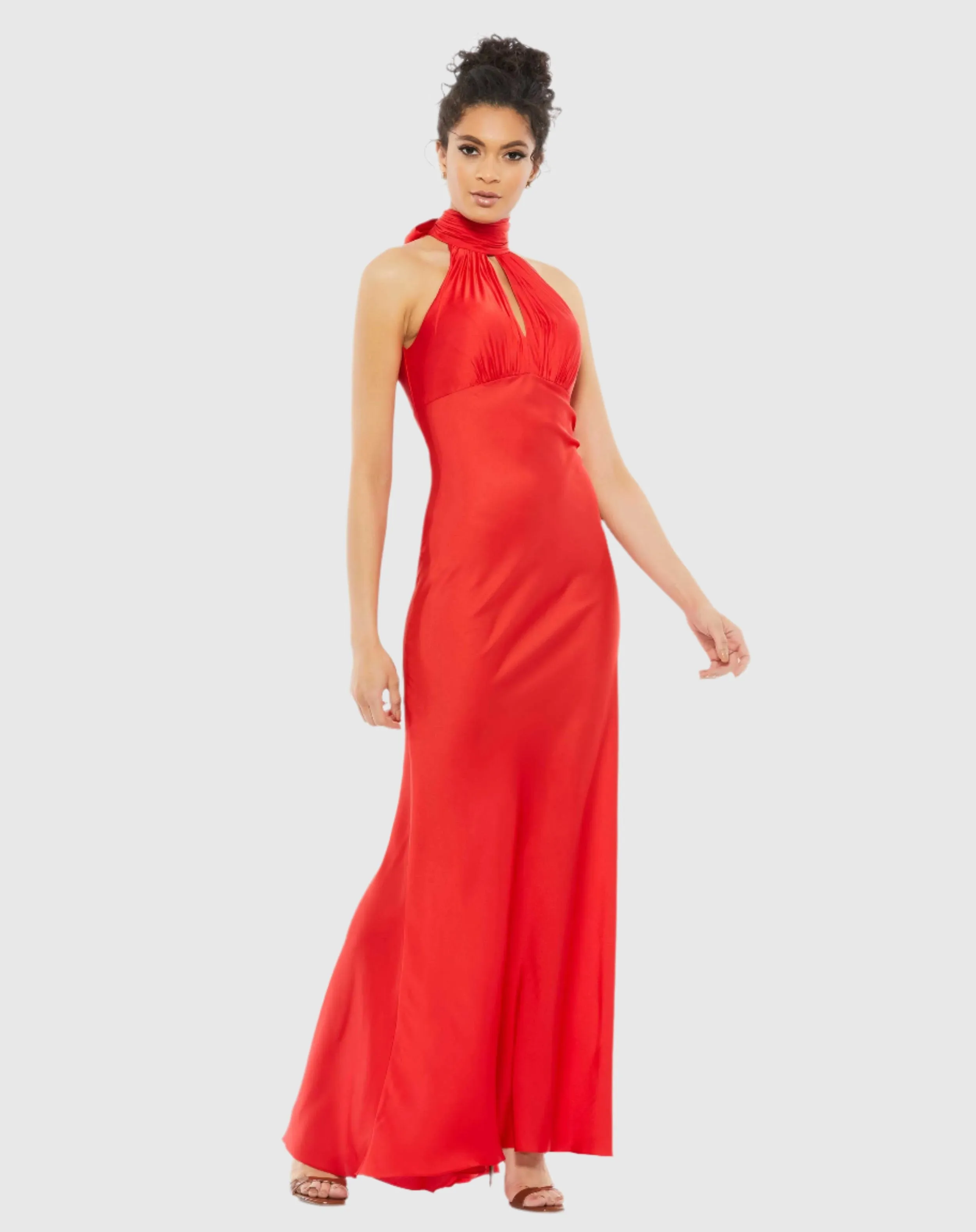 Red Keyhole Halter Empire Waist Gown sold by Mac Duggal