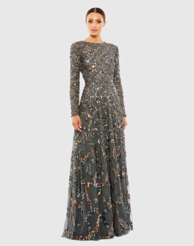 Embellished Illusion High Neck Long Sleeve A Line Gown sold by Mac Duggal