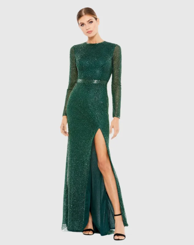 Green Beaded High Neck Long Sleeve Gown With Detailed Belt sold by Mac Duggal