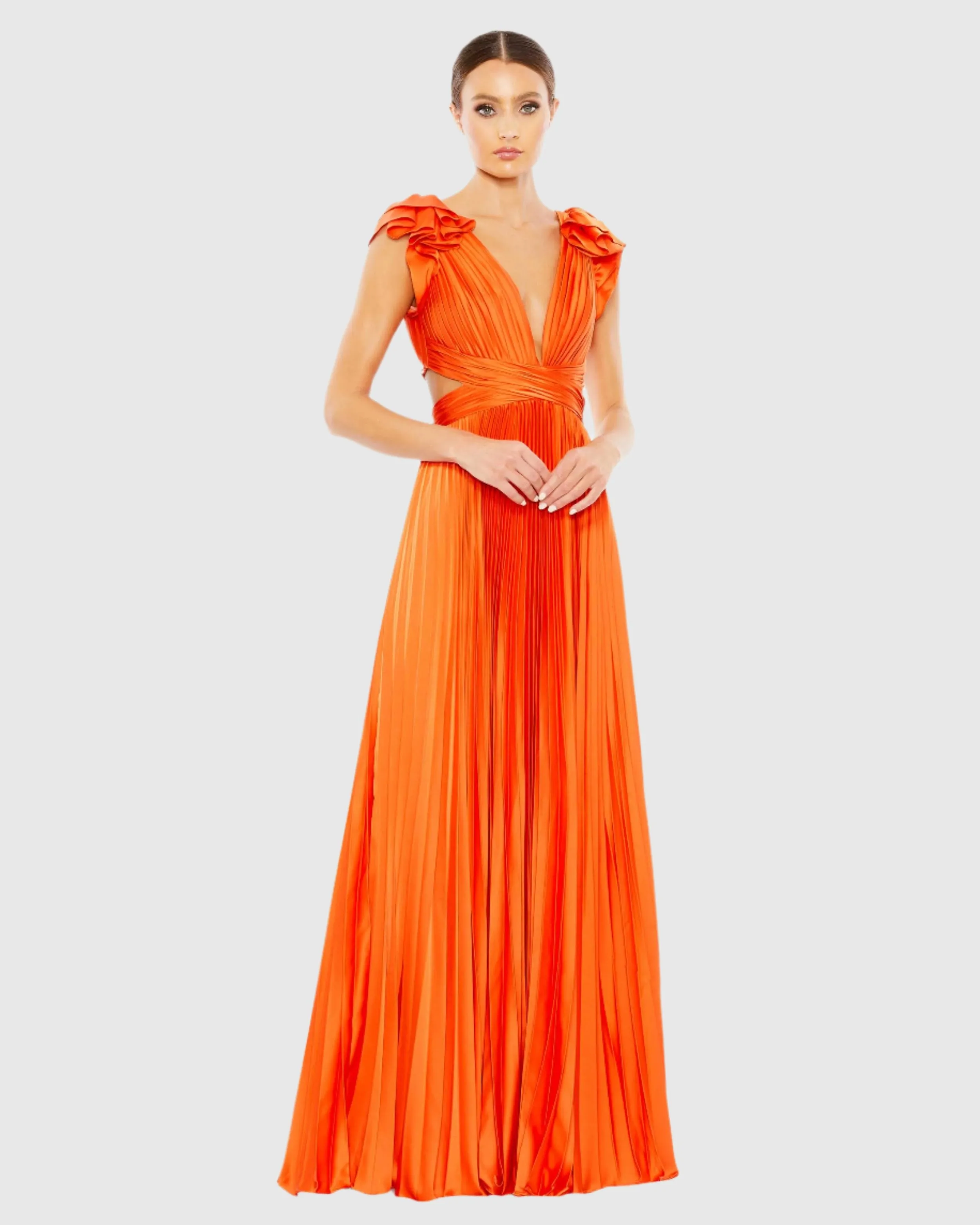 Orange Pleated Ruffled Cap Sleeve Cut Out Lace Up Gown sold by Mac Duggal