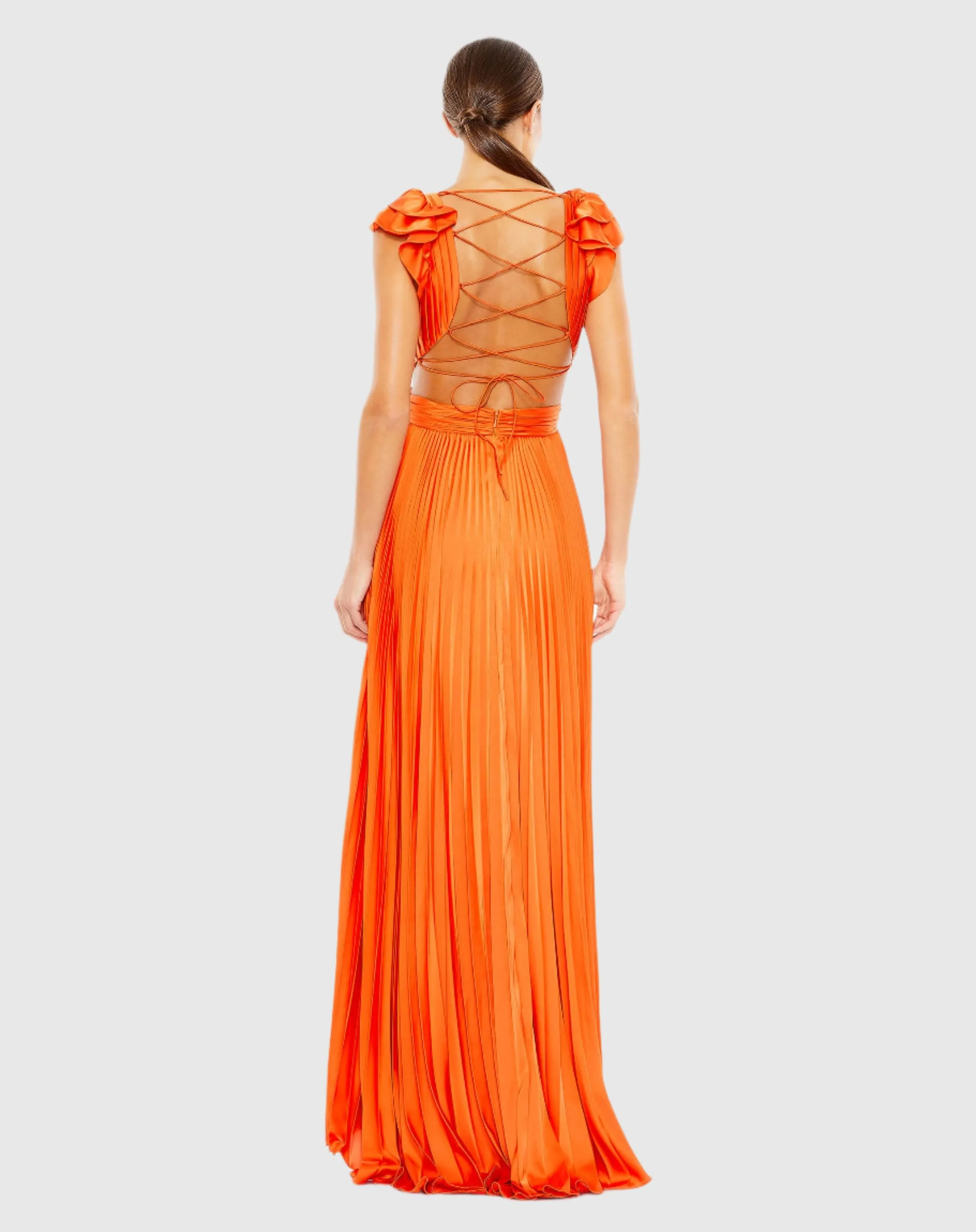 Orange Pleated Ruffled Cap Sleeve Cut Out Lace Up Gown sold by Mac Duggal product image thumbnail 3