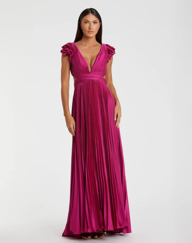 Fuchsia Pleated Ruffled Cap Sleeve Cut Out Lace Up Gown - FINAL SALE sold by Mac Duggal