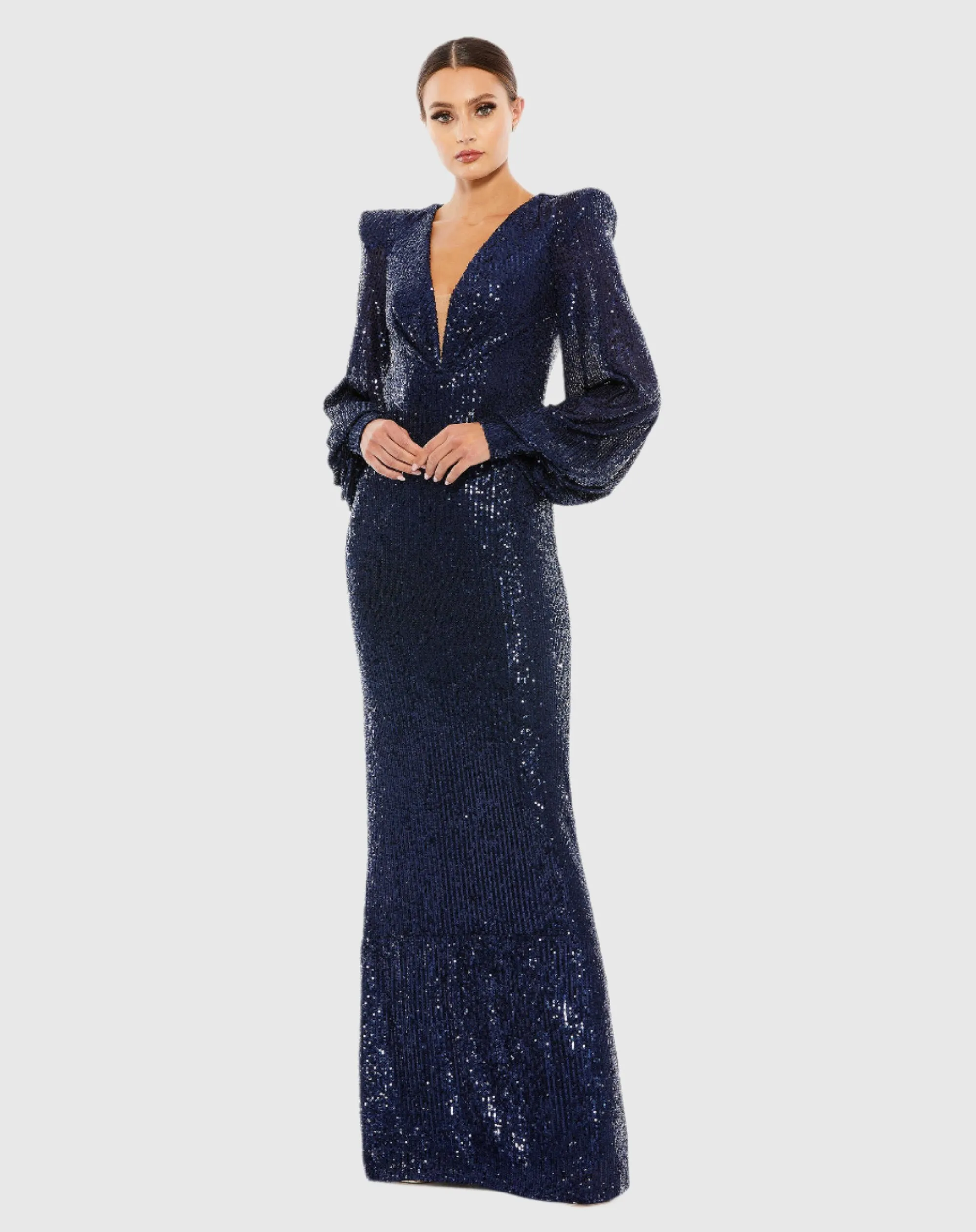 Sequined Plunge Neck Structured Bishop Sleeve Gown sold by Mac Duggal product image thumbnail 2