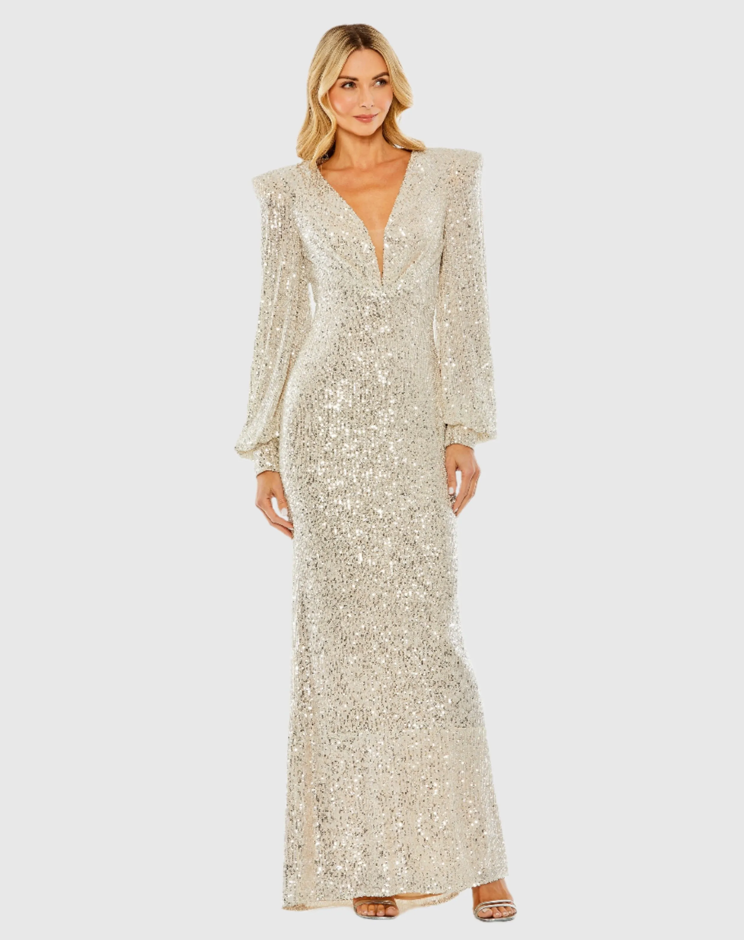 Sequined Plunge Neck Structured Bishop Sleeve Gown sold by Mac Duggal