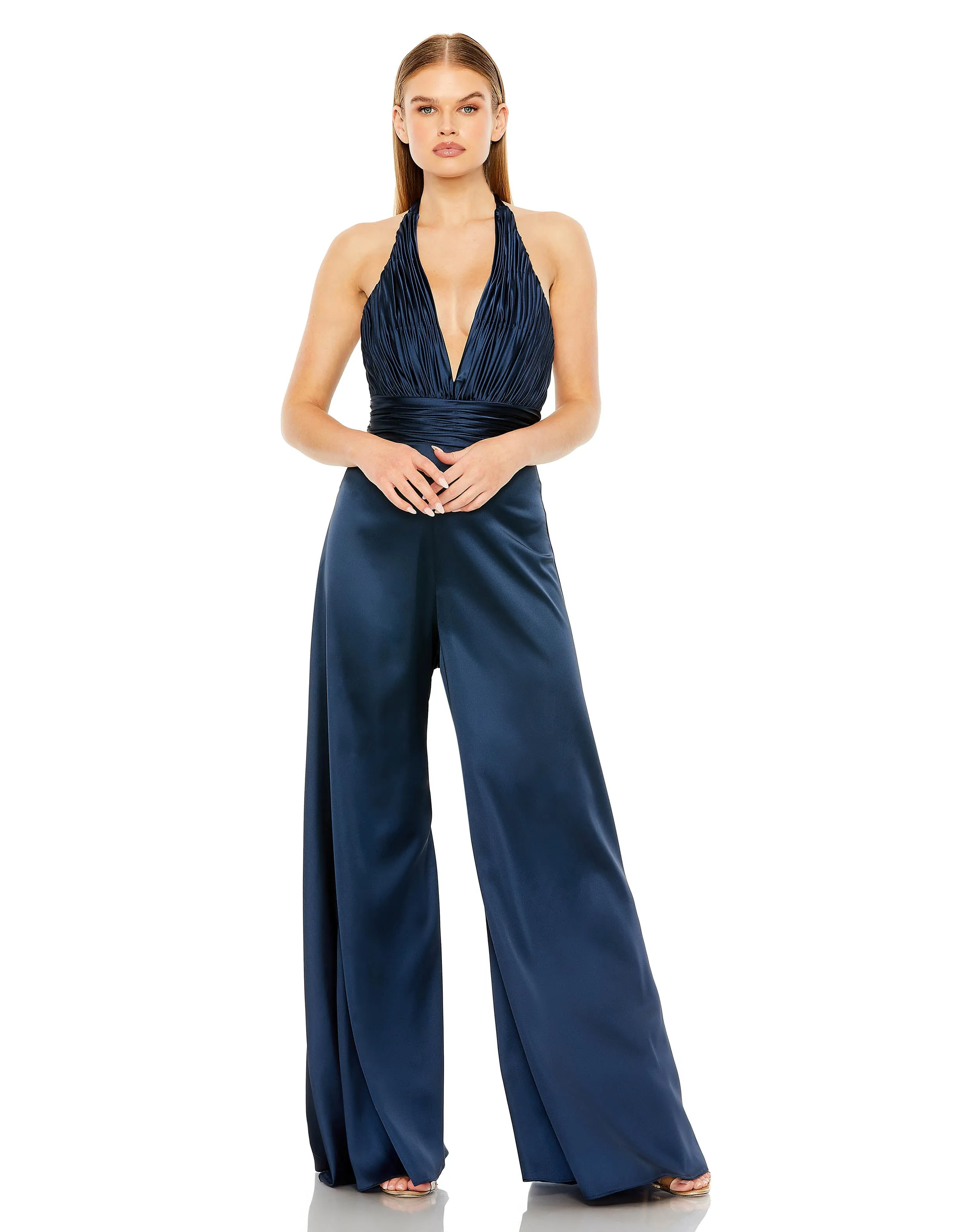 Orange Ruched Halter Top Wide Leg Satin Jumpsuit sold by Mac Duggal product image thumbnail 4