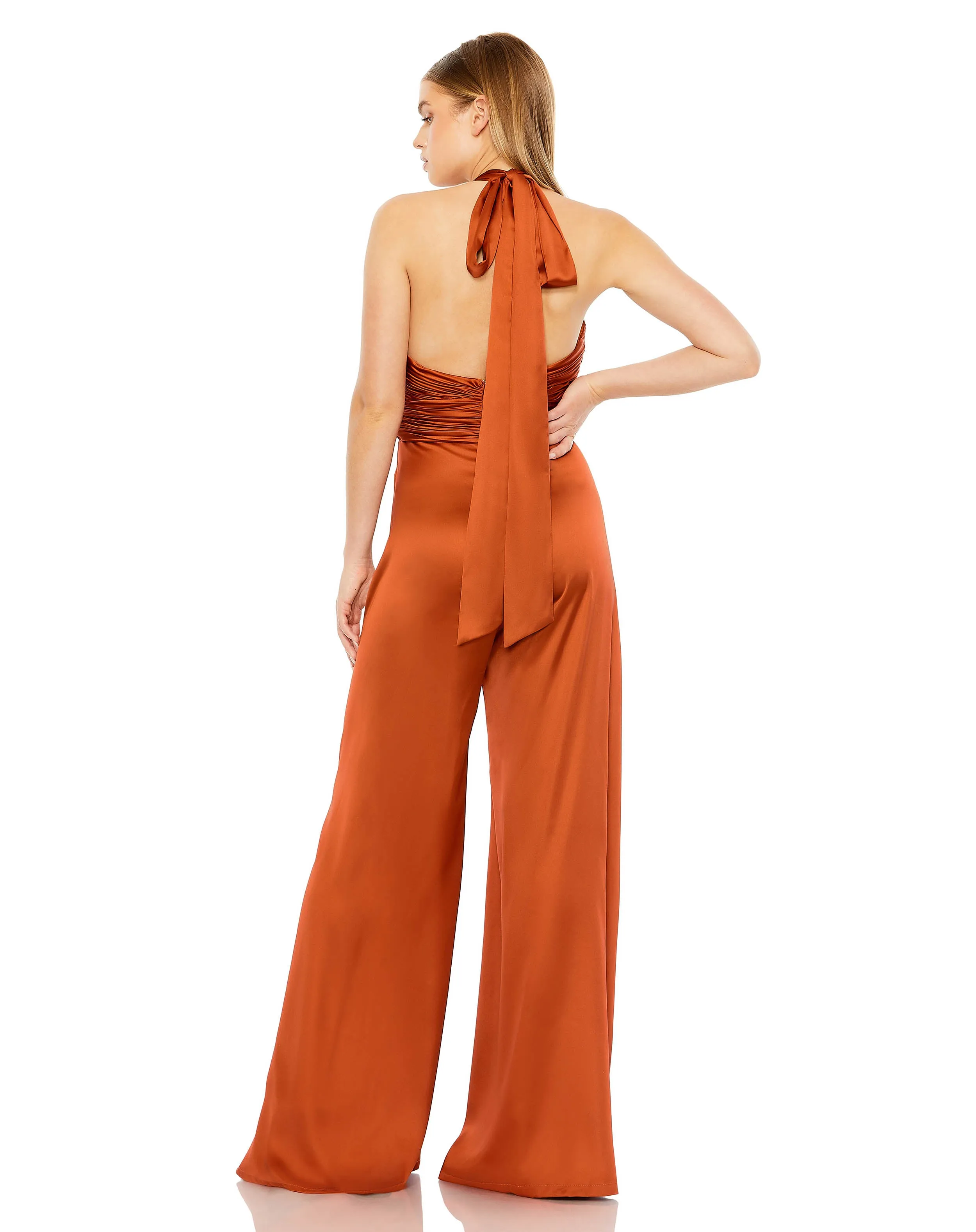 Orange Ruched Halter Top Wide Leg Satin Jumpsuit sold by Mac Duggal product image thumbnail 3