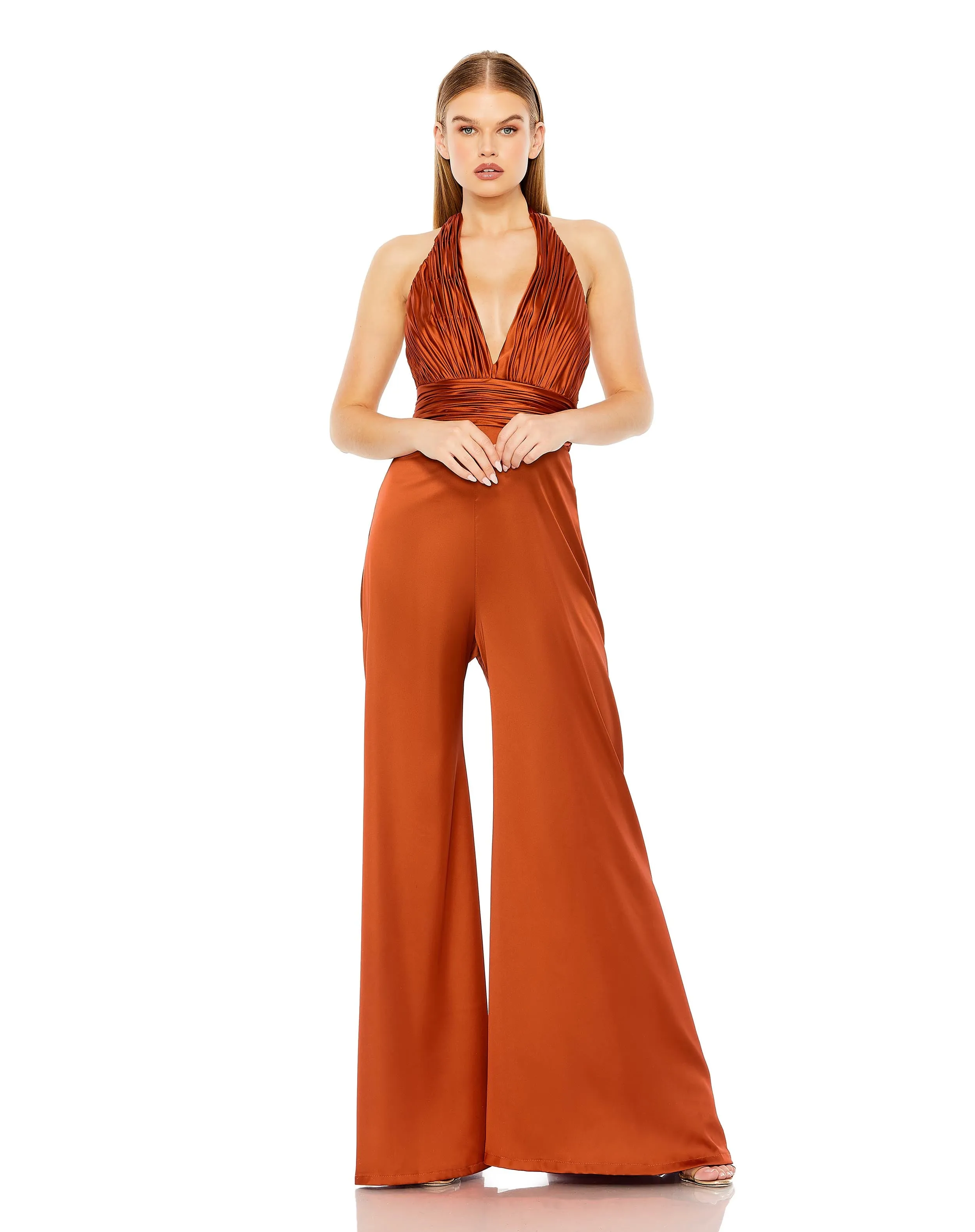 Orange Ruched Halter Top Wide Leg Satin Jumpsuit sold by Mac Duggal