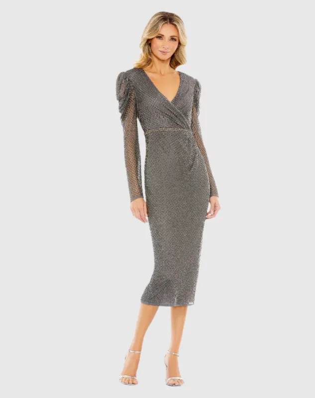 Beaded Wrap Over Puff Sleeve Dress sold by Mac Duggal