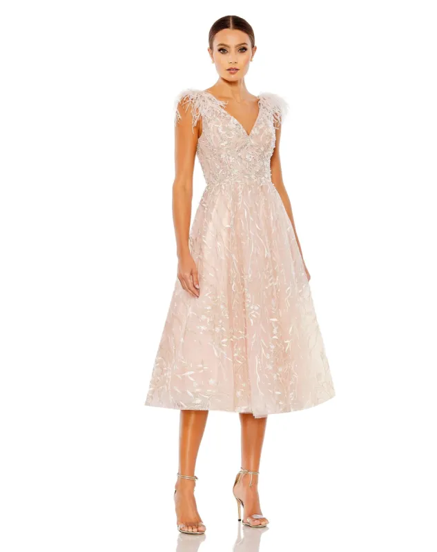 Pink Embroidered Sleeveless Feather Detail Midi Dress sold by Mac Duggal