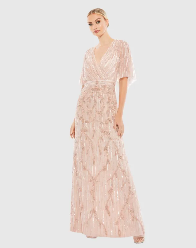 Pink Embellished Cap Sleeve Faux Wrap Trumpet Gown sold by Mac Duggal