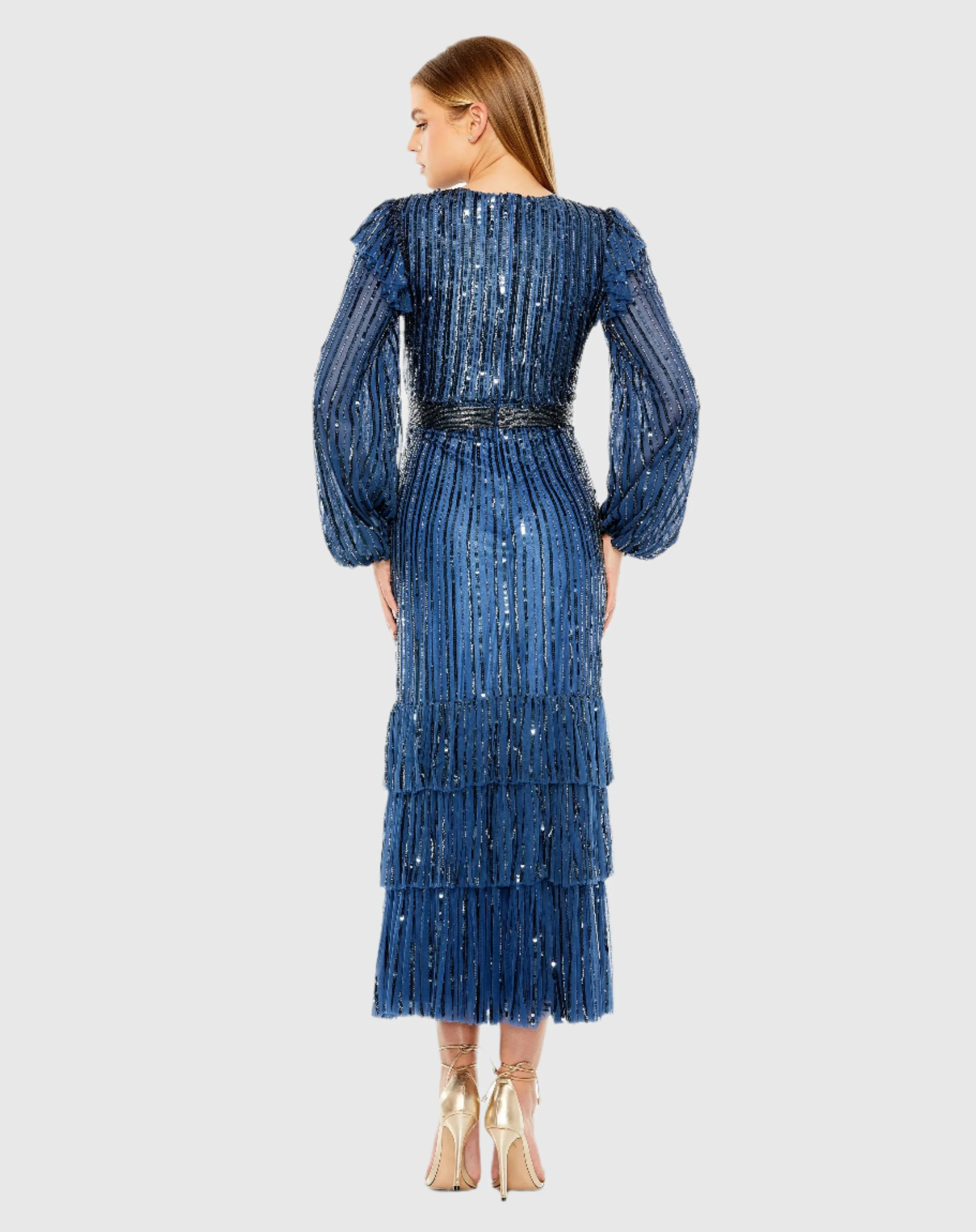 Blue Long Sleeve Ruffle Detail Sequin Dress sold by Mac Duggal product image thumbnail 3