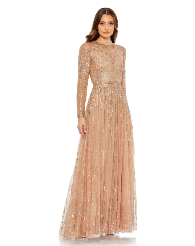 Beige Illusion High Neck Long Sleeve Embellished Gown sold by Mac Duggal