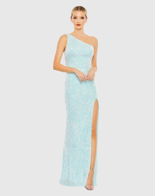 Blue Sequined One Shoulder Draped Back Gown sold by Mac Duggal