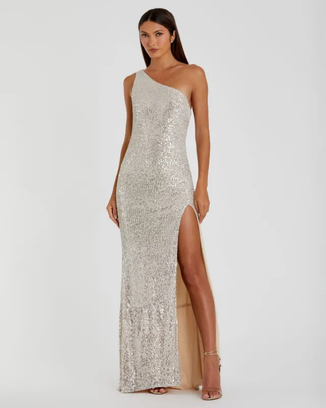 Silver Sequined One Shoulder Draped Back Gown sold by Mac Duggal