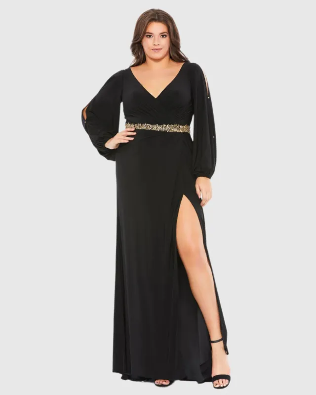 Black Split Sleeve Surplice Gown (Plus) sold by Mac Duggal