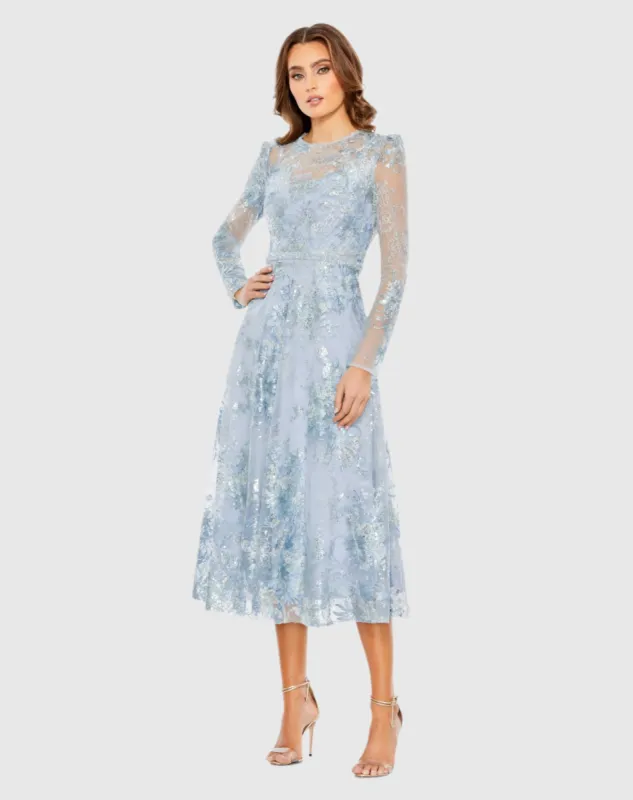 Blue Embellished Illusion Long Sleeve Midi Dress sold by Mac Duggal