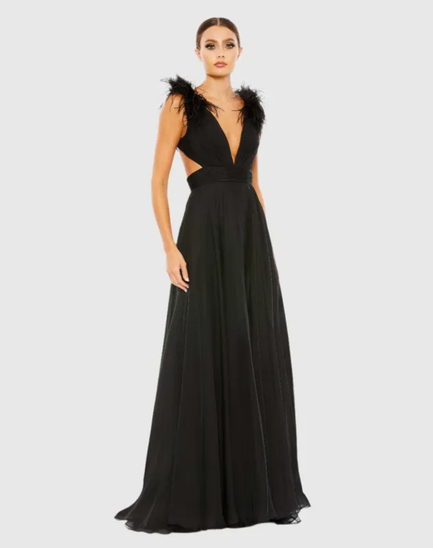 Black Plunge Ostrich Feather A Line Gown sold by Mac Duggal
