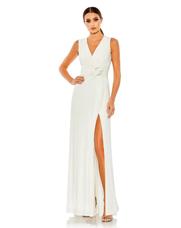 White Draped Side Knot Jersey Gown w/ Rhinestone Ring sold by Mac Duggal